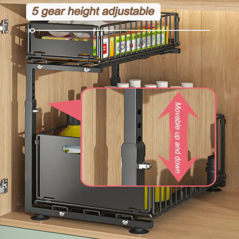 Pull-Out Under Sink Organizer – 2-Tier Adjustable Sliding Shelf (Black & White) Habicare
