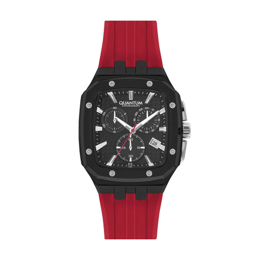Quantum Chronograph Black Dial Red Strap Square Watch HNG1033.658 Kiwi Watches
