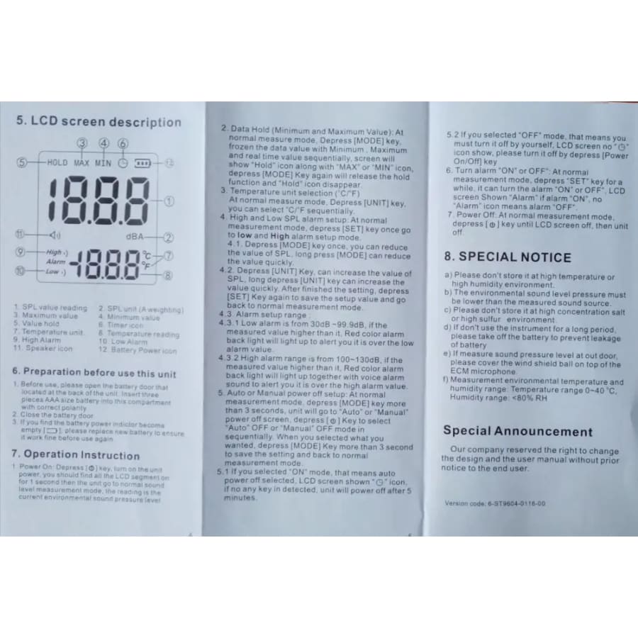Sound Level Noise Meter - Decibel Measurement 30-130dB 9eight5
