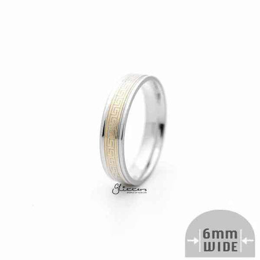 6mm Silver Greek Key on Gold Background Stainless Steel Band Rings