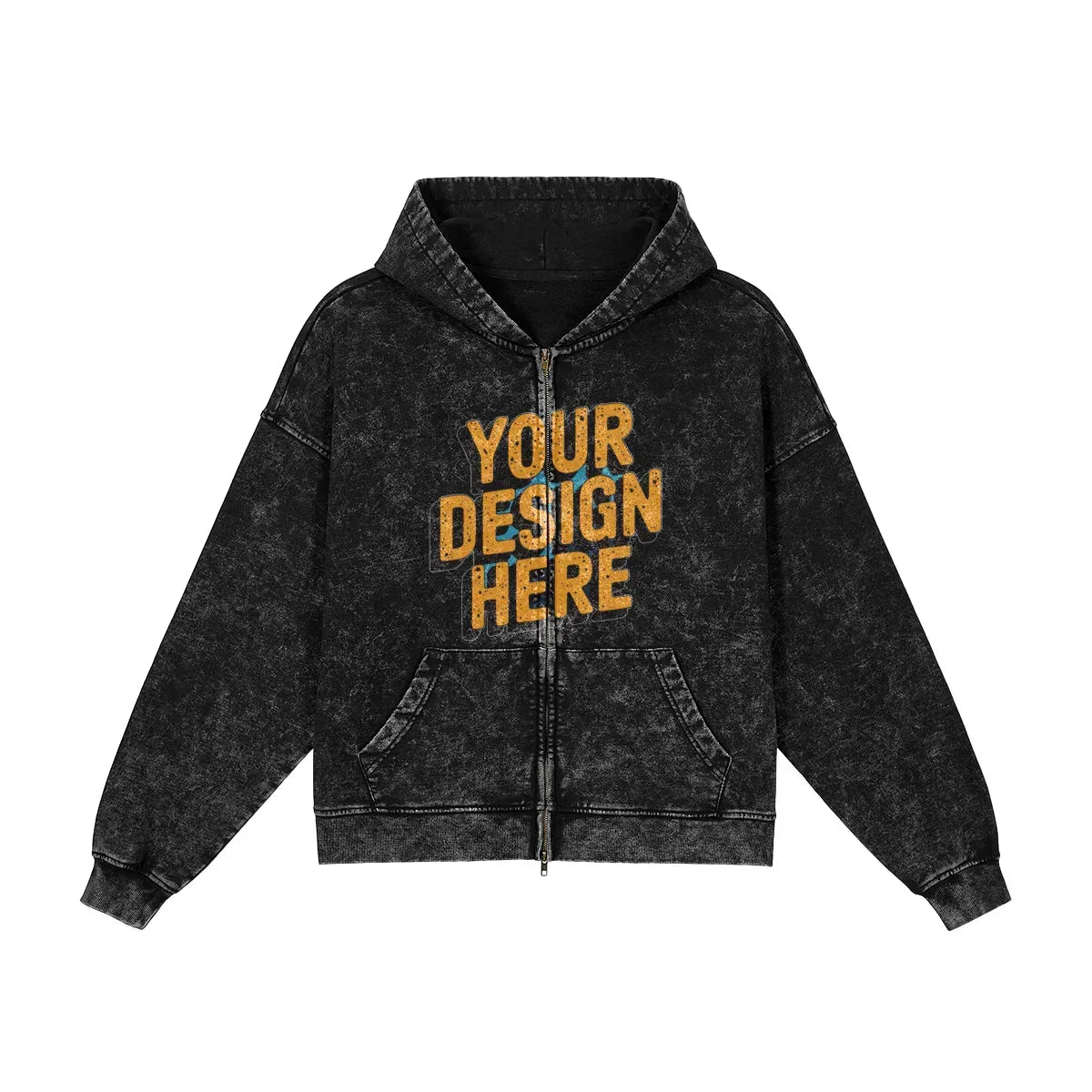 440GSM Unisex Vintage Snow Wash Full-zip Hoodie - Front Design - ShopHub