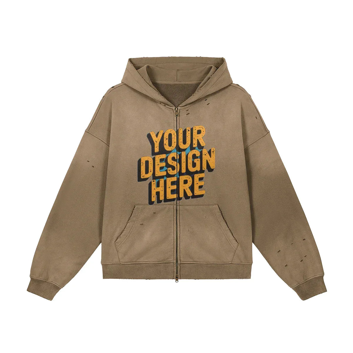 440GSM Unisex Sun Faded Distressed Full-zip Hoodie - Front Design - ShopHub