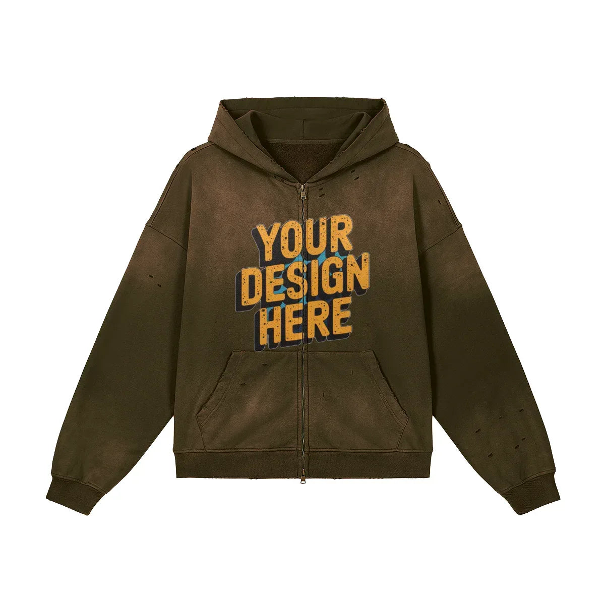 440GSM Unisex Sun Faded Distressed Full-zip Hoodie - Front Design - ShopHub