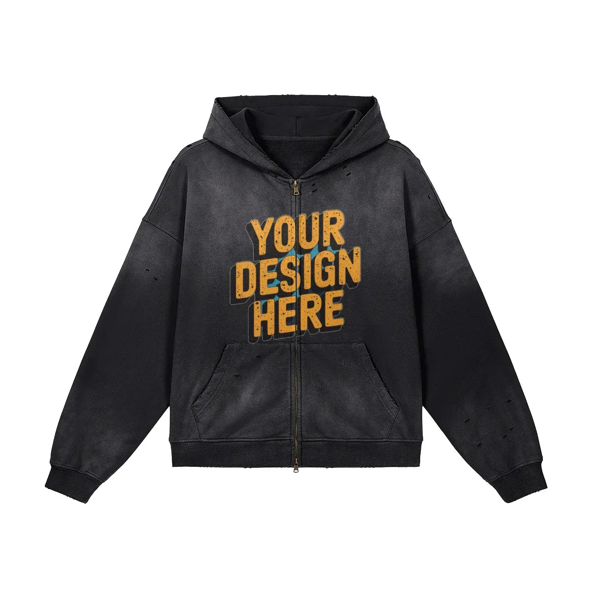 440GSM Unisex Sun Faded Distressed Full-zip Hoodie - Front Design - ShopHub