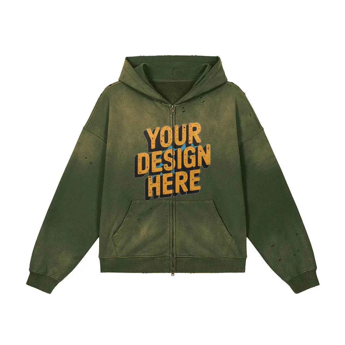 440GSM Unisex Sun Faded Distressed Full-zip Hoodie - Front Design - ShopHub