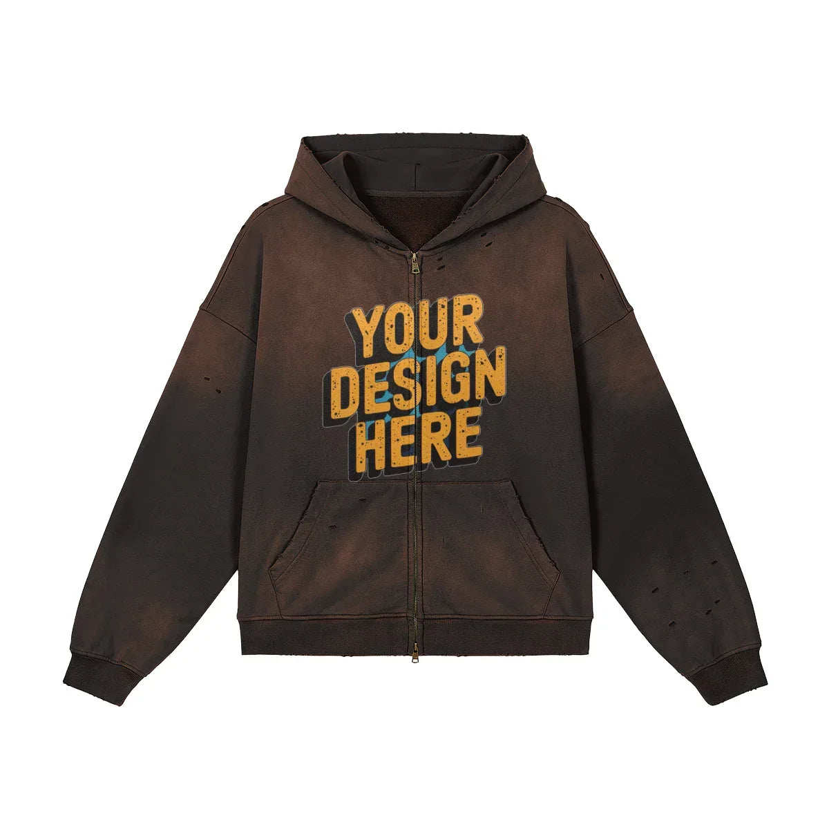 440GSM Unisex Sun Faded Distressed Full-zip Hoodie - Front Design - ShopHub