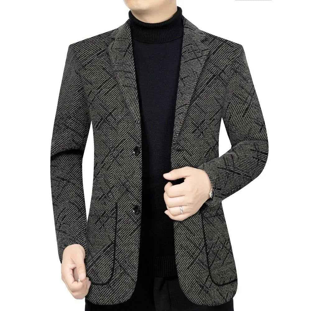 Men's black and gray tailored fit overcoat by Stylish 3Sixty5, showcasing a sleek, stylish coat with a structured design.