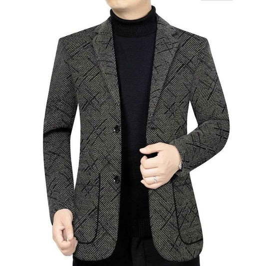 Men's black and gray tailored fit overcoat by Stylish 3Sixty5, showcasing a sleek, stylish coat with a structured design.