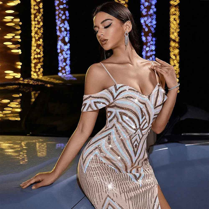 Stylish 3Sixty5 Twilight Sparkle off-shoulder dress in apricot, featuring a flowy design and elegant neckline.