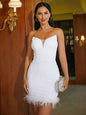 White women's feather trim cocktail dress by Stylish 3Sixty5, featuring elegant feather details and a stylish silhouette.