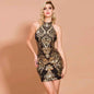 Apricot sequin sleeveless evening dress by Stylish 3Sixty5, featuring a fitted bodice and elegant design for formal occasions.