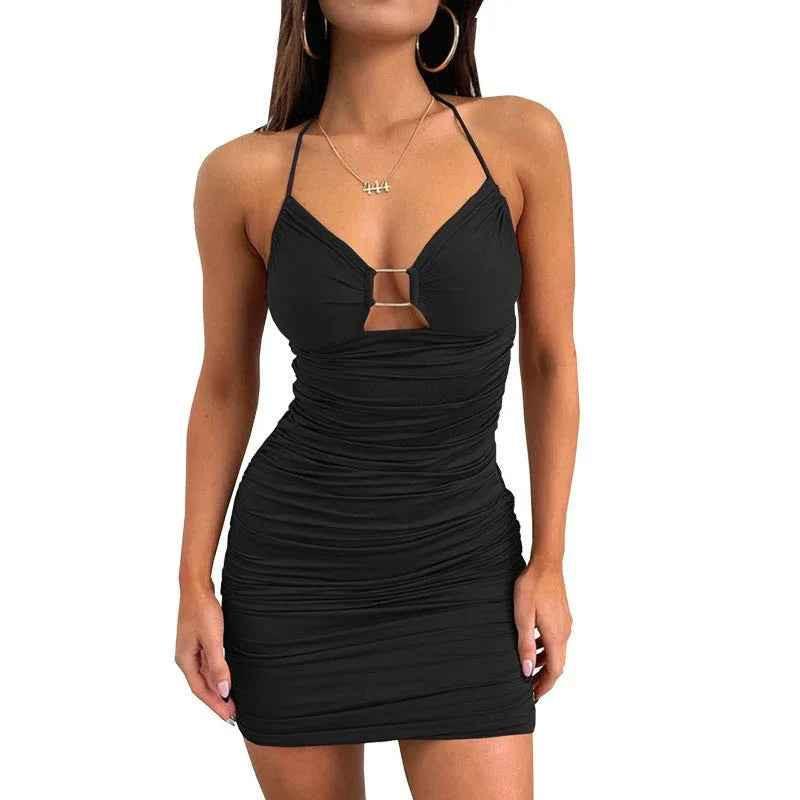 Stylish 3Sixty5 Seductress Strap Hollow Neck Dress in black, featuring a sleek, fitted design with strap details.