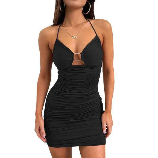 Stylish 3Sixty5 Seductress Strap Hollow Neck Dress in black, featuring a sleek, fitted design with strap details.
