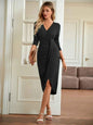 Black Waistly V-Drape all-season midi dress by Stylish 3Sixty5, featuring a V-neck and elegant midi length.