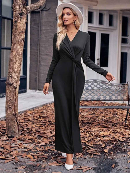 Black women's solid V-neck waist dress by Stylish 3Sixty5, featuring a chic and fitted design for elegant occasions.