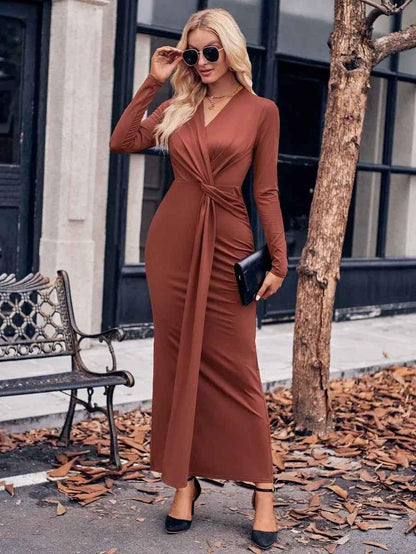 Black women's chic solid V-neck waist dress by Stylish 3Sixty5, featuring a stylish fit and elegant design.