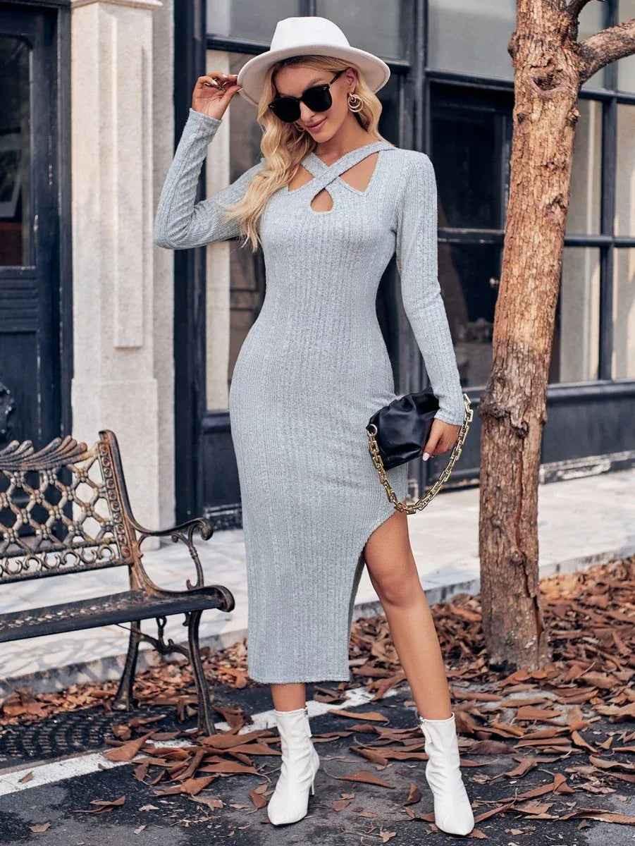 Women’s gray Serenique halter dress by Stylish 3Sixty5, elegant sleeveless dress with a halter neckline for women.