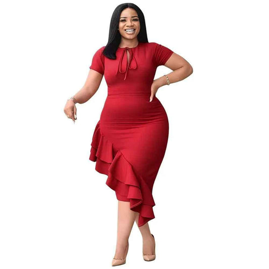 Red casual chic dress by Stylish 3Sixty5 with a lotus leaf tie, featuring a stylish and comfortable design for everyday wear.