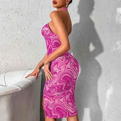 Stylish 3Sixty5 Euro-glam halter-neck maxi dress in rose red, elegant long dress with a flattering halter neckline.