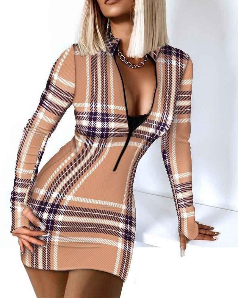 White and black Zipper V-Neck Long Sleeve Bodycon Dress by Stylish 3Sixty5, fitted with a sleek V-neck and zipper detail.