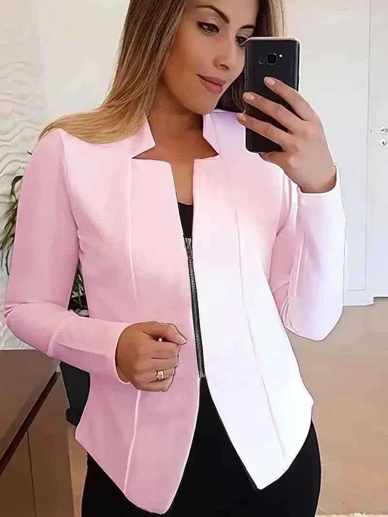 Stylish 3Sixty5 women’s white Sleek-Zip jacket with a fitted design, displayed on a hanger.