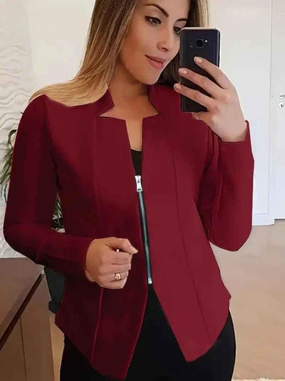 White Stylish 3Sixty5 women's Sleek-Zip jacket, lightweight and stylish, shown on a hanger with a focus on zipper detail.