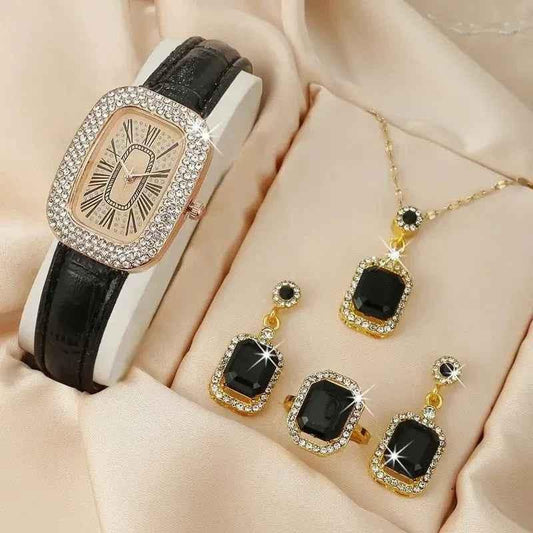 Stylish 3Sixty5 Diva-Shine diamond quartz watch set featuring a black jewelry set with elegant watch and matching accessories.