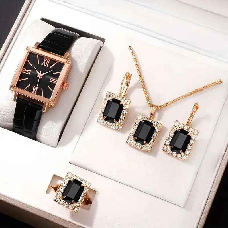 Stylish 3Sixty5 Diva-Shine Diamond Quartz Watch Set featuring a black jewelry set with a watch and matching accessories.