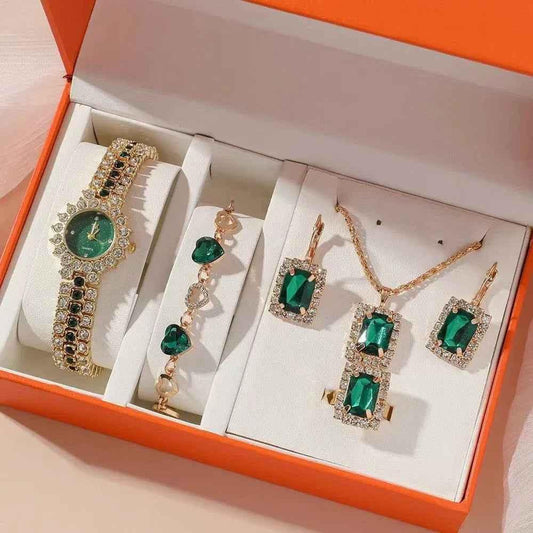 Stylish 3Sixty5 jewelry set with quartz watch, ring, and gift box, featuring a five-piece collection in elegant packaging.