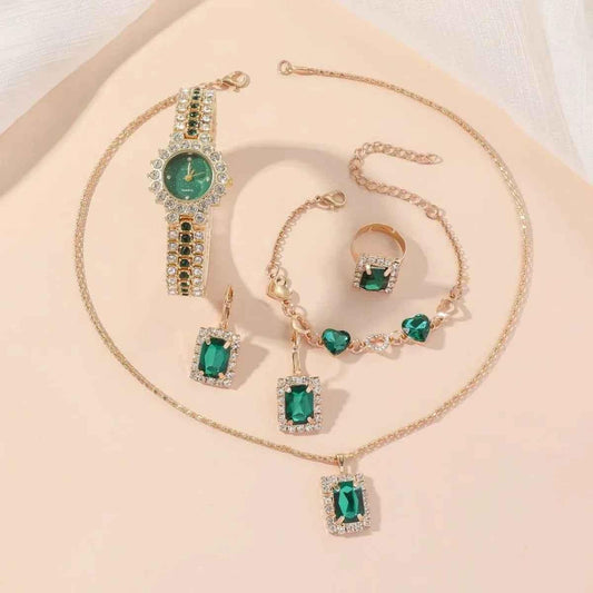 Stylish 3Sixty5 jewelry set with quartz watch, ring, and gift box, featuring elegant accessories in a five-piece jewelry collection.