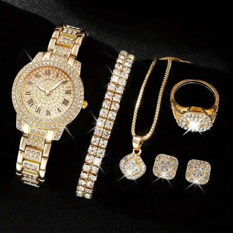 Stylish 3Sixty5 luxury women's jewelry set with gold-tone diamond watch and Roman numeral details, perfect for elegant outfits.