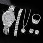 Luxury women's jewelry set with a gold diamond watch featuring Roman numerals, stylish 3Sixty5 brand, elegant and sophisticated.