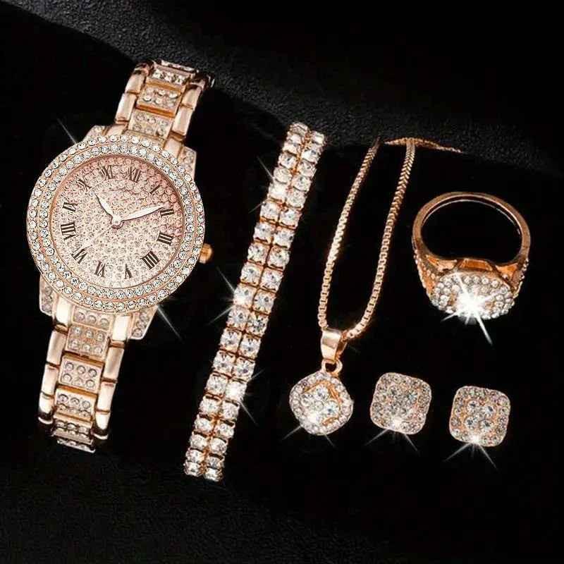 Luxury women's jewelry set featuring a diamond watch with Roman numerals, gold-toned accessories by Stylish 3Sixty5.