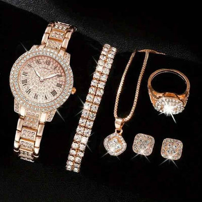 Luxury women's jewelry set featuring a diamond watch with Roman numerals, gold-toned accessories by Stylish 3Sixty5.
