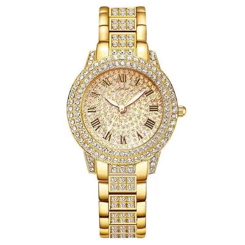 Stylish 3Sixty5 luxury women's jewelry set with gold-tone diamond watch and Roman numeral accents, perfect for elegant occasions.
