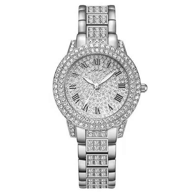 Luxury women's diamond watch set by Stylish 3Sixty5 featuring a gold-tone jewelry set with Roman numeral watch and matching accessories.