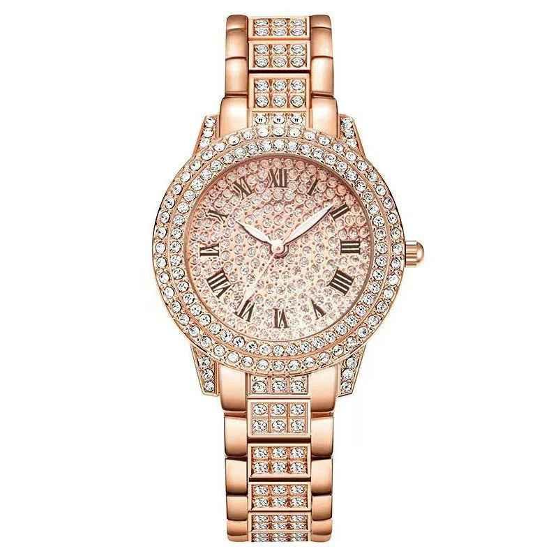 Luxury women's jewelry set with a gold-tone diamond watch featuring Roman numerals, from Stylish 3Sixty5.