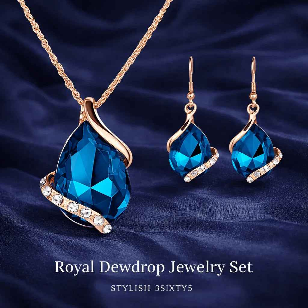 Stylish 3Sixty5 Royal Dewdrop jewelry set with matching necklace and earrings, featuring elegant white gemstones.