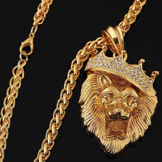 Stylish 3Sixty5 gold lion king pendant necklace featuring street style design, displayed on a neutral background.