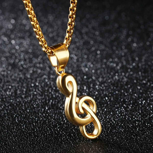 Gold minimalist music note necklace by Stylish 3Sixty5, unisex jewelry with a sleek chain and elegant design.