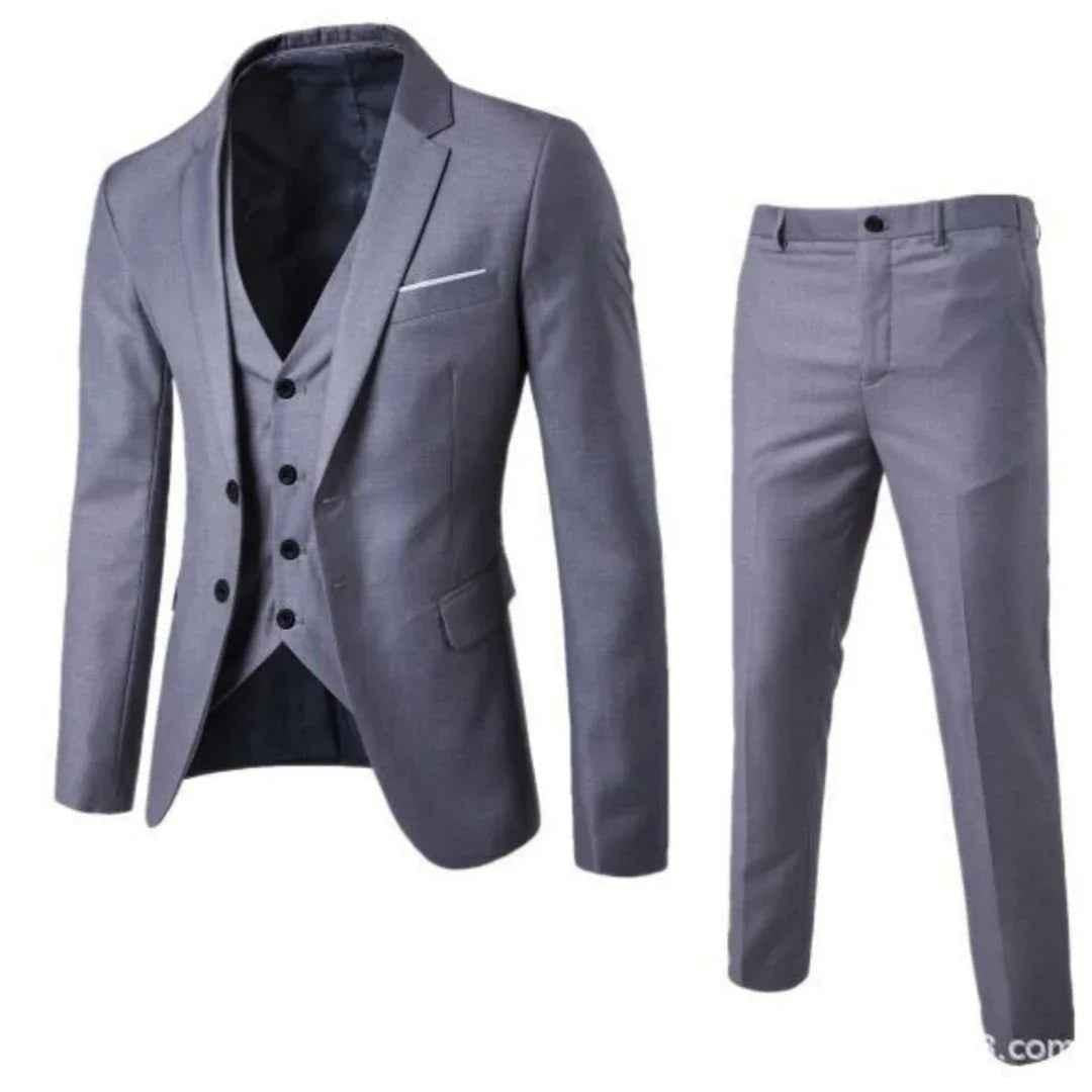 Stylish 3Sixty5 men's gray cotton suit outfit set with two buttons, tailored for a polished, modern look.