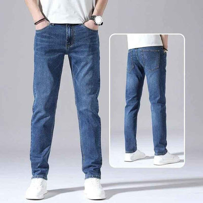 Dark blue Straight-Leg Denim Pants for Men by Stylish 3Sixty5, showcasing a classic fit and durable denim fabric.