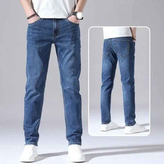 Dark blue Stylish 3Sixty5 straight-leg denim pants for men, showing a close-up of the fit and classic denim texture.