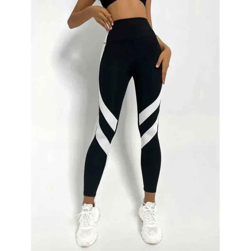 Women's Prime-Stripe Flex Leggings by Stylish 3Sixty5 in black and white with bold stripe pattern, stretchy and comfortable pants.