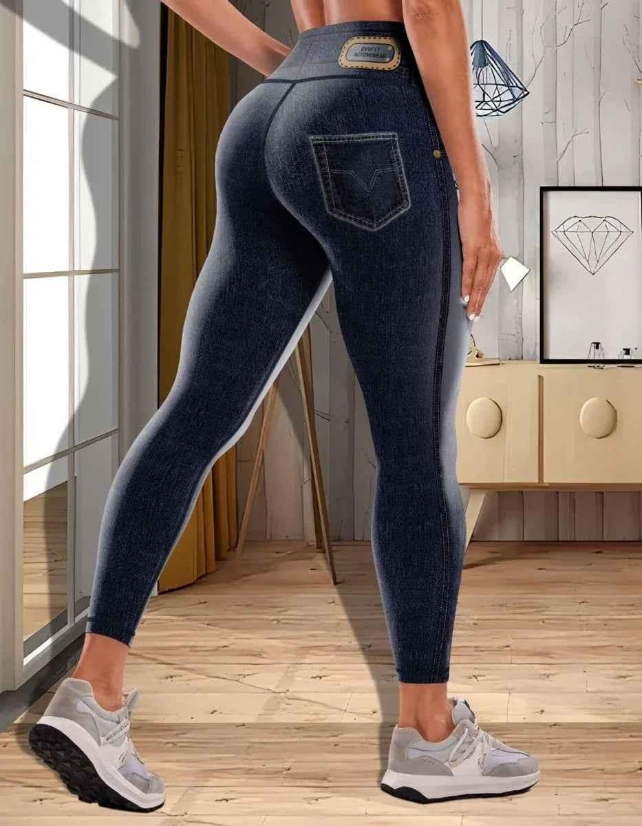 Stylish 3Sixty5 navy blue denim yoga pants for women, featuring a comfortable fit and classic jeans style.