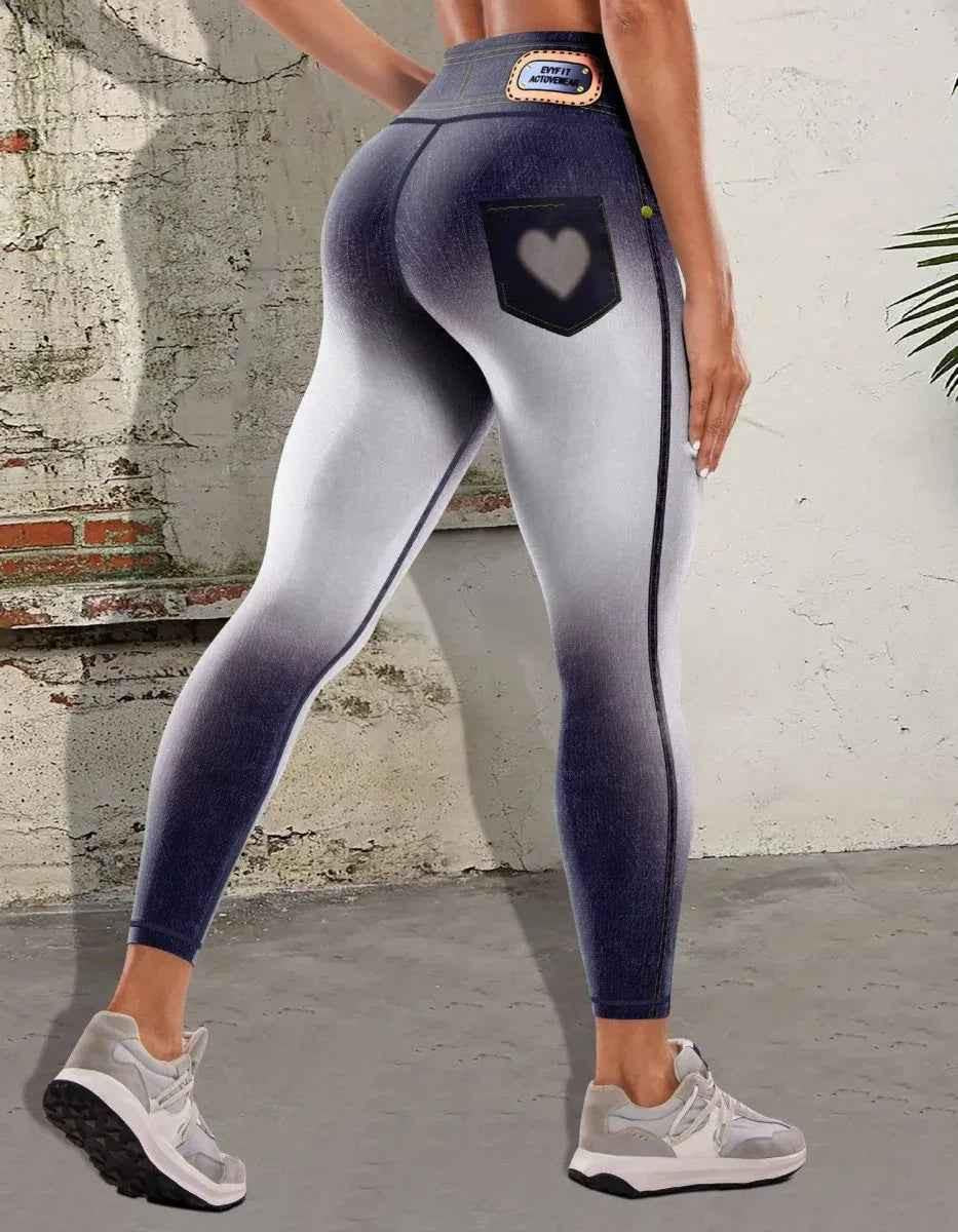 Navy blue denim yoga pants for women by Stylish 3Sixty5, featuring comfortable fit and casual jean style.
