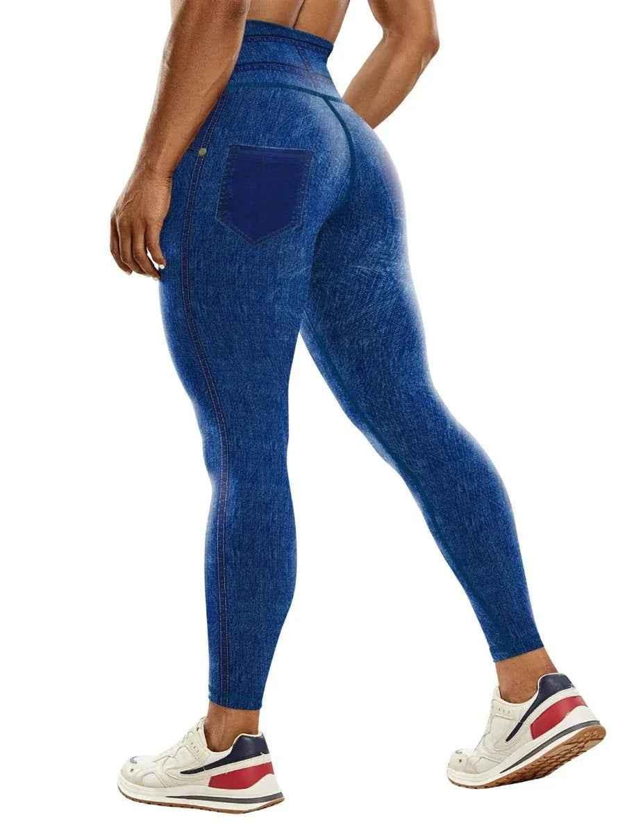 Stylish 3Sixty5 navy blue denim yoga pants for women, featuring a comfortable fit and classic jean style.