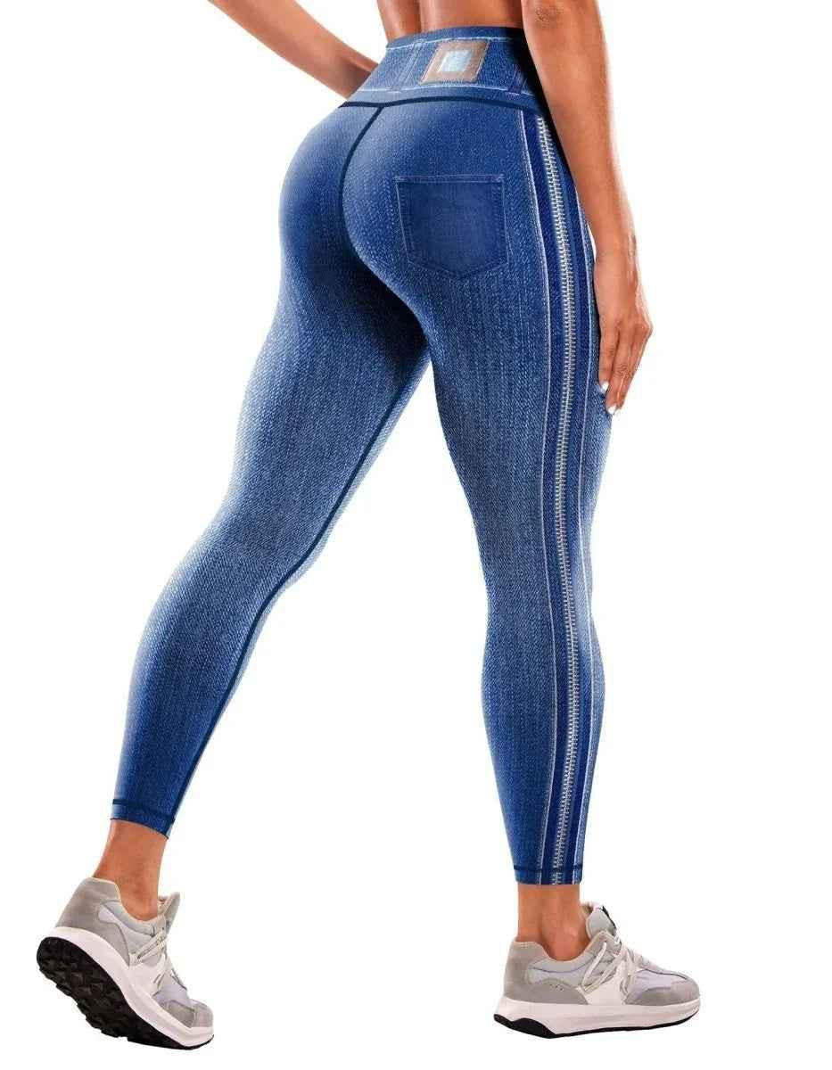 Navy blue denim yoga pants for women by Stylish 3Sixty5, featuring a comfortable fit and classic jean style.