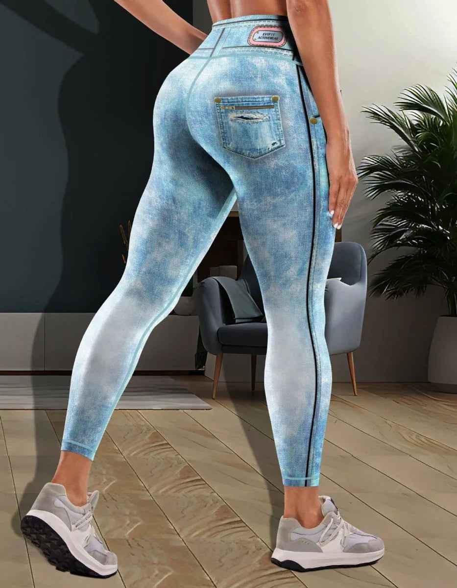 Navy blue denim yoga pants for women by Stylish 3Sixty5, featuring comfortable, stretchy jeans with a relaxed fit.