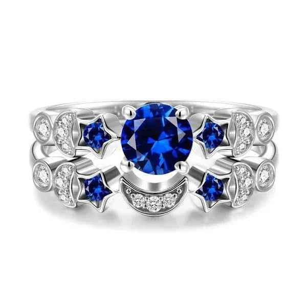 Women’s blue gemstone moon ring by Stylish 3Sixty5 featuring a silver band and a prominent blue moon-shaped gemstone.